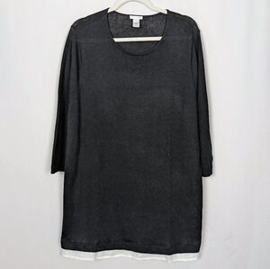 J Jill XL Linen Cotton Blend Black Knit Sweater Shirt Hem Trim Blouse Tunic Top